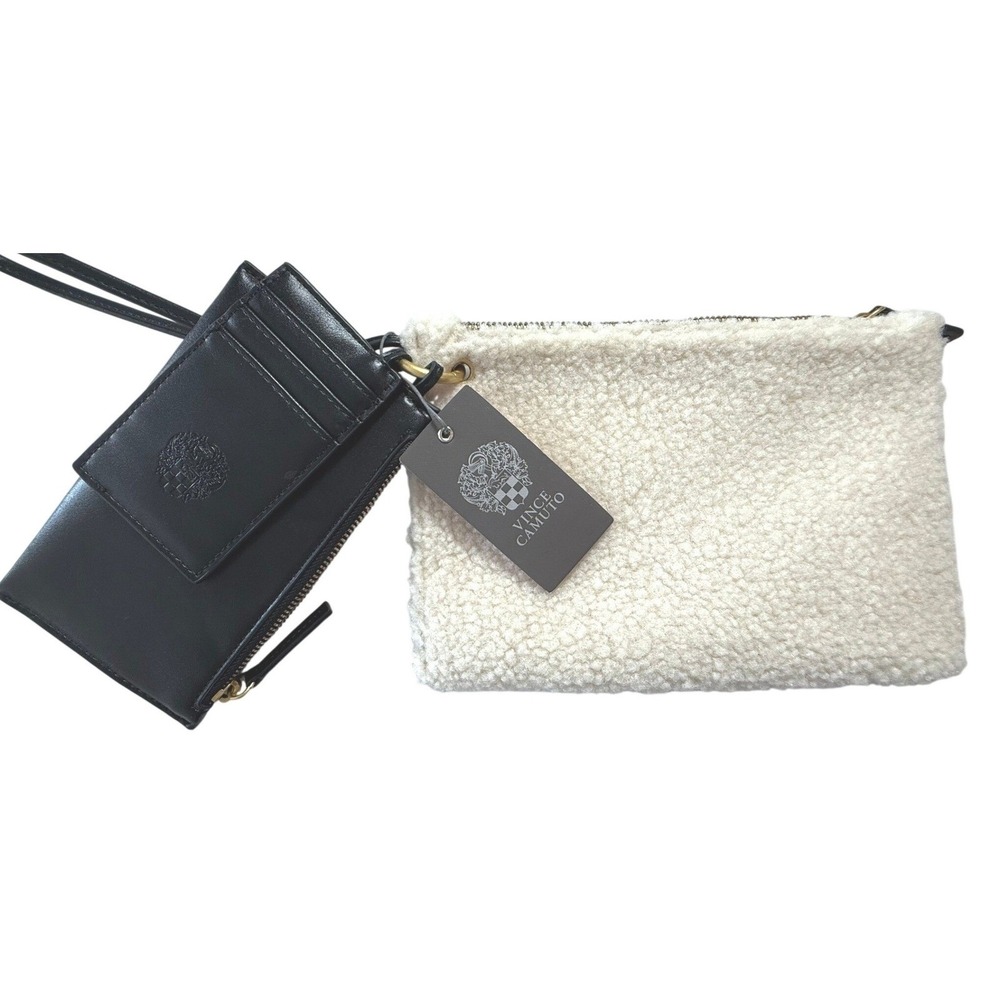 Vince Camuto Aliya Sherpa Pouch and Leather Wristlet Set Black VC-ALIYA-PO